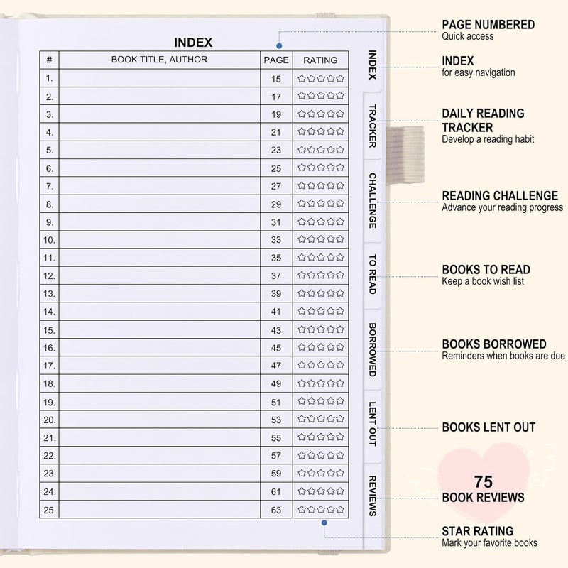 COMKISO Store Reading Journal for Book Lovers - 75 Book Journal Reading Log for Book Tracking, A5 Linen Book Review Journal with TBR Tracker List, Ratings, Challenges, Prompts, and Index - Beige - Image 3
